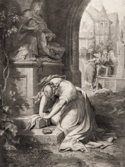 Gretchen calls Our Lady of Sorrows to help her, first part of the tragic play Faust by Johann