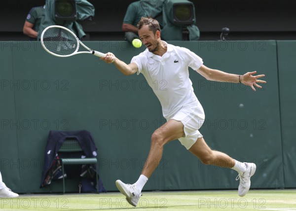 Russian tennis player Daniil Medvedev in action at the 2024 Wimbledon Championships, London,