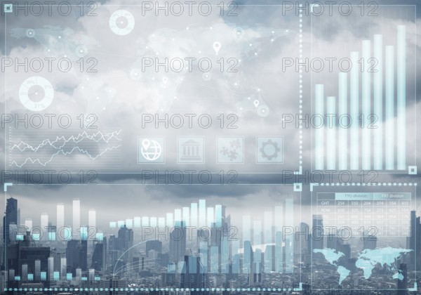 Forex trading business concept with abstract financial graphics on background of modern city