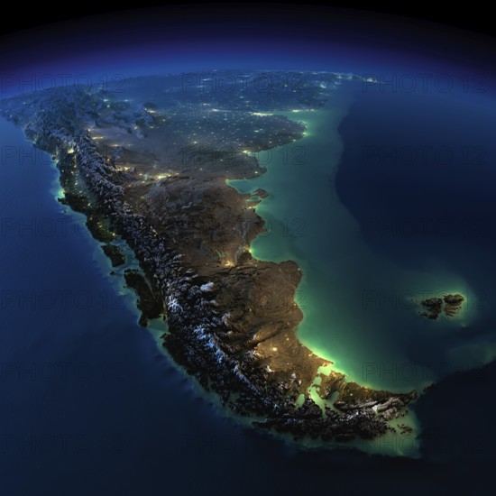 Highly detailed Earth, illuminated by moonlight. The glow of cities sheds light on the detailed