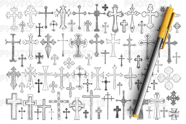 Various religious crosses doodle set. Collection of hand drawn crosses of different sizes and