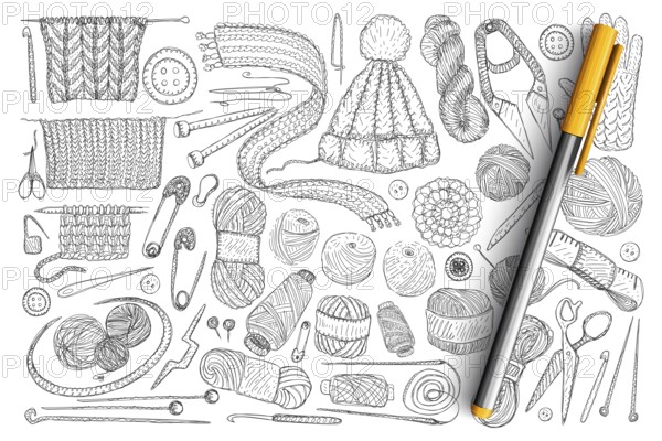 Elements for knitting doodle set. Collection of hand drawn wool, knitwear, needles, pins, measure