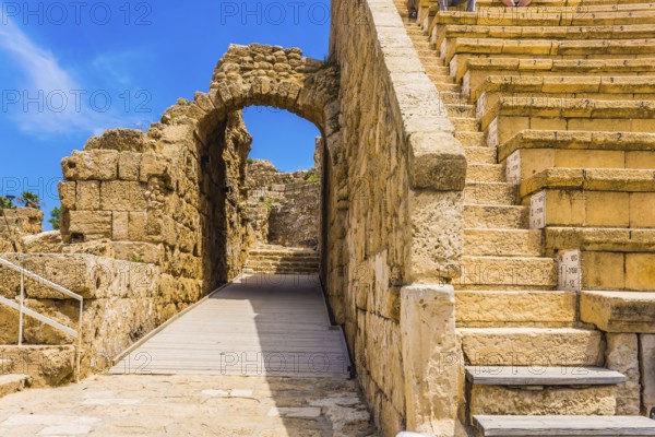 The fragment of protective walls. The oldest amphitheater in Israel. Ruins of the ancient city of
