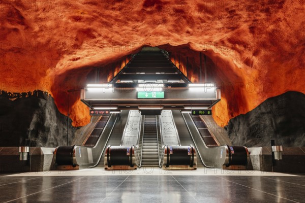 Stockholm, Sweden, August 9, 2019: Escalator of T-Centralen Stockholm underground metro station.