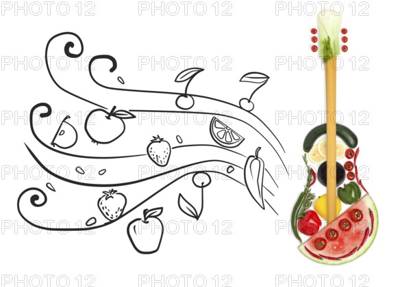 Creative photo of a standing guitar made of vegetables and fruits on a grey sketchy background of
