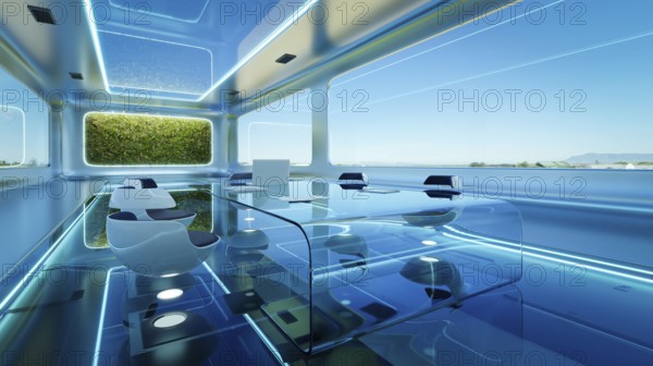Modern futuristic interior office design with green wall plant. 3d rendering