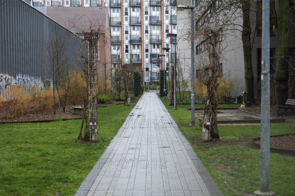 Leuven, Flemish Brabant Region, Belgium, April 1, 2023, Garden and inner court of a social housing