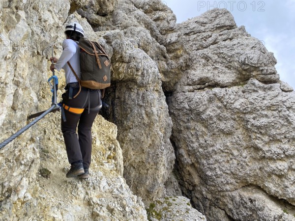 Adventurous hike up to mount Lagazuoi in the Dolomite Alps, autonomous pronvince of South Tirol in