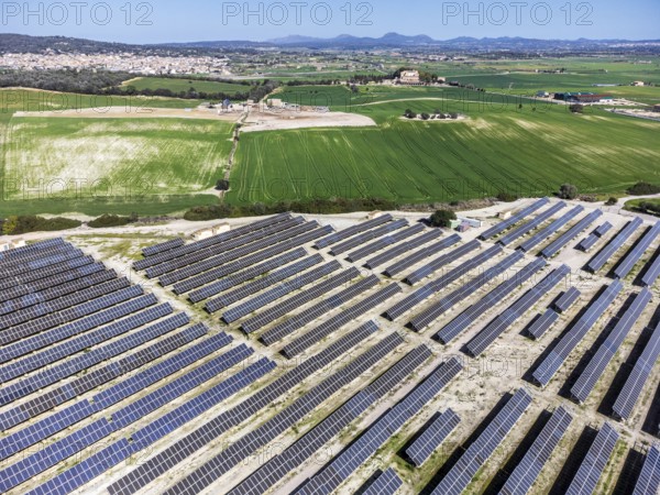 Photovoltaic plant between crop fields, Villafranca de Bonany, Majorca, Balearic Islands, Spain,