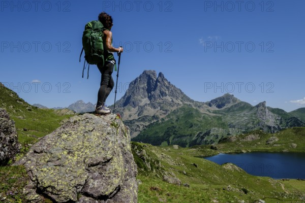 Trekker on Tour de l Ossau and Ayous lakes tour, Pyrenees National Park, Pyrenees Atlantiques,