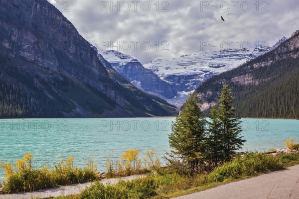 A great sunny day. Rocky Mountains, Canada, Banff National Park. Magnificent Lake Louise with