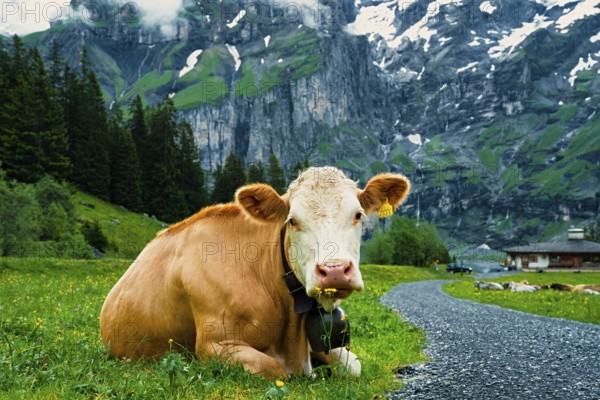 A cow laying on a green meadow with mountains and clouds in the background, Alpine cows, mountains,