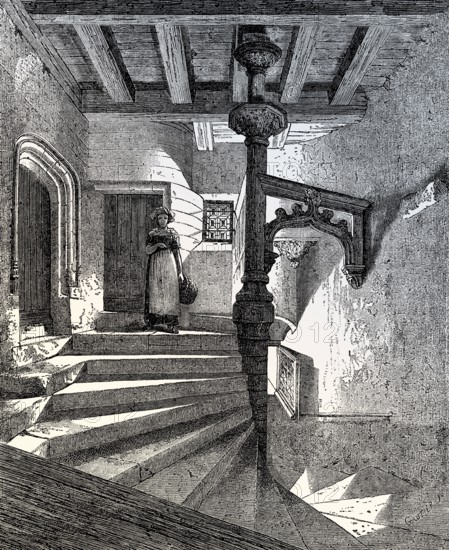 Gothic staircase, La Psallette, a 15th century mansion located in Nantes, France, 19th century,