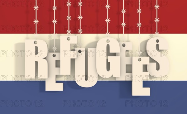 Image relative to migration from africa to european union. Refugees text hanging by barbed wire.