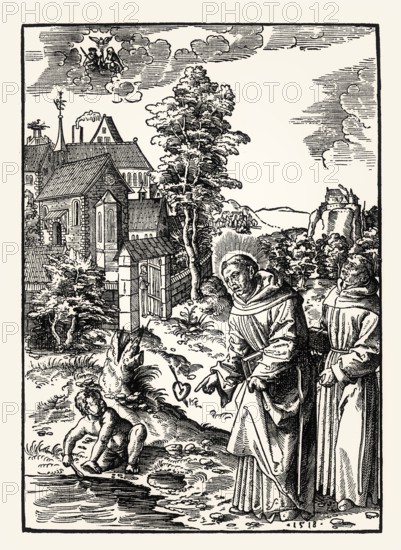 Saint Augustine and the boy exhausting the ocean, Wolf Traut, 16th century, facsimile of the 19th