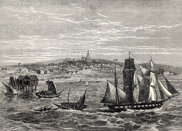 Historical view of Yangon also known as Rangoon, Myanmar, early 19th century, From British Battles