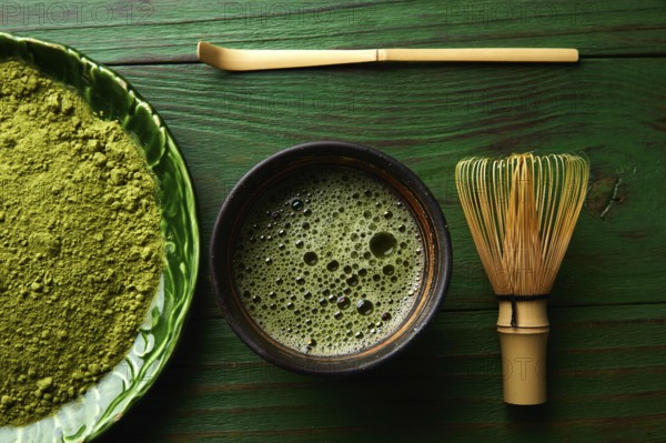 Matcha tea powder bamboo whisk chasen and spoon for japanese ceremony