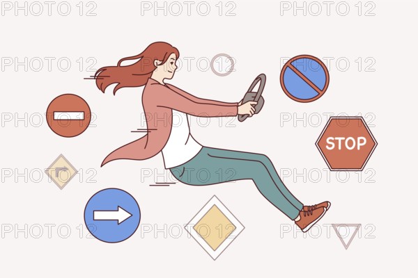 Woman driver violates traffic rules sitting in invisible car among warning road signs. Girl driver