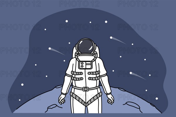 Astronaut in spacesuit explore planet in universe look in space full of stars. Cosmonaut or