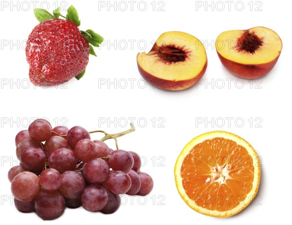 Collage from fresh ripe fruit grape, peach, strawberries and orange on white background. Picture is