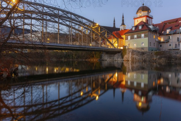 Waasenbrücke, Schwammerlturm, historic buildings of the old town are reflected in the river Mur,