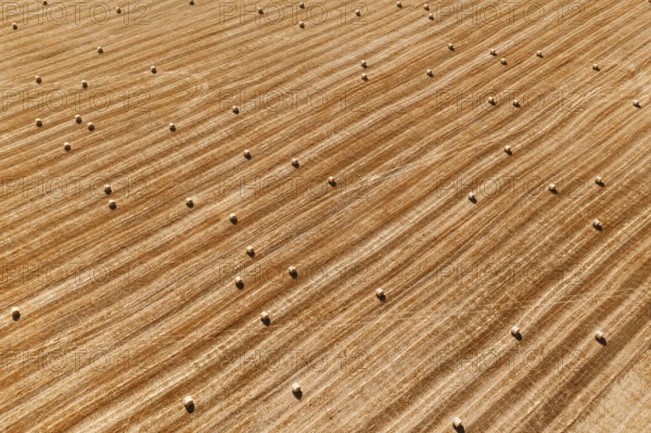 Aerial perspective view of hay bales on agricultural field after harvest. Farm landscape. Drone top