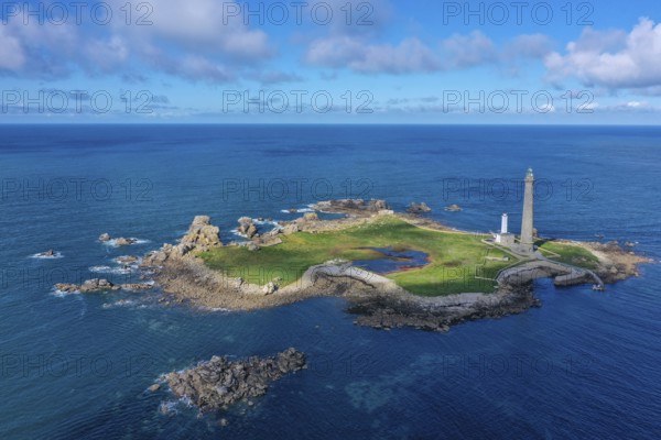 Aerial view island Ile Vierge with lighthouses Phare de l'Ile Vierge, old lighthouse from 1845 and