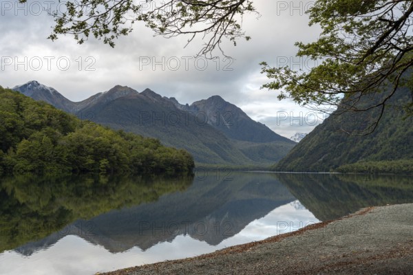 Tranquil lake Gunn in Fiordland National Park, landscape reflecting on the water surface, South