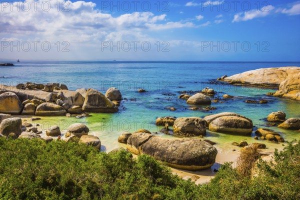 Huge boulders on the beach of the Atlantic Ocean. Boulders Penguin Colony in the Table Mountain