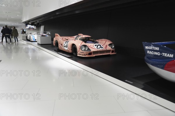 A pink Porsche 917 with a pig design on display in the museum, Neues Porschemuseum 2009, Stuttgart,