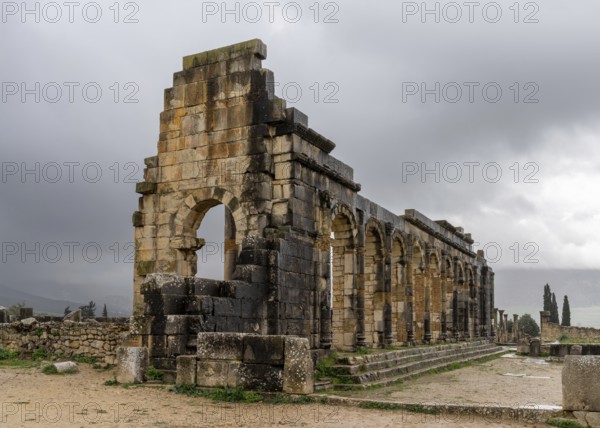 Volubilis, Morocco, 3 March, 2024: view of the temple ruins in the Berber-Roman city of Volubilis