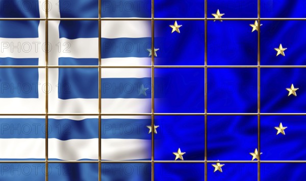 Greece flag encaged in Europe. Financial concept for failure, debit, bankruptcy, financial