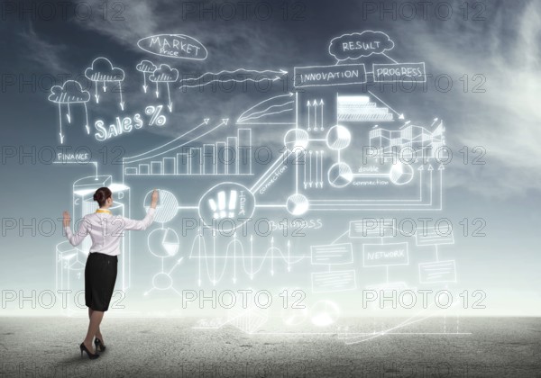 Back view of businesswoman drawing business plan sketches