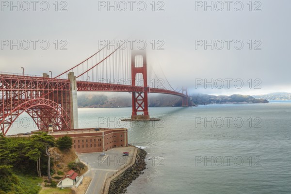 Aerial view of Golden Gate Bridge from Fort Point, south shore, symbol, icon and landmark of San