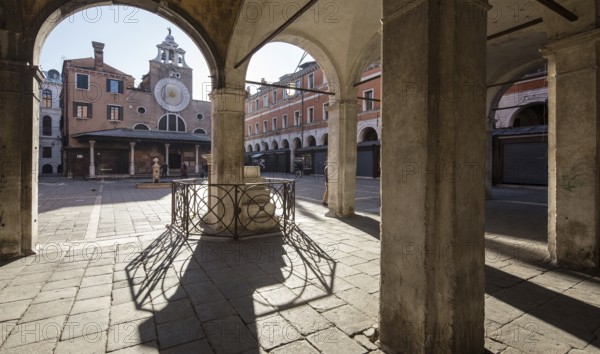 Italy Venice Colonna del Bando -432 with a view of the church of San Giácomo di Rialto Today's