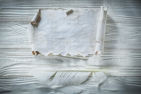 Vintage crumpled paper roll feather on wooden board