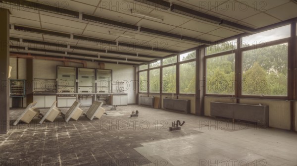 A dilapidated room with broken furniture and windows through which daylight shines, Institute of