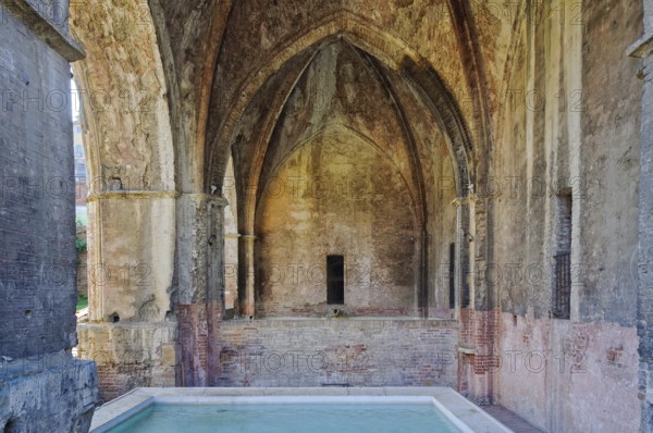 Fine bold arcade and beautiful interior vaulting of the Fonte Nuova, Siena, Tuscany, Italy, Europe