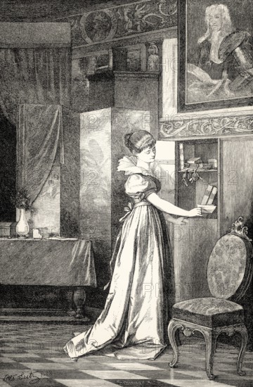 ACT II, SCENE IV., Eugenia placing the parchment in the press, scene from THE NATURAL DAUGHTER, DIE