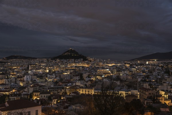 Athens Old Town, Attica, Greece, 12 28 2019 View over the Athens skyline and the Lycabettus hill