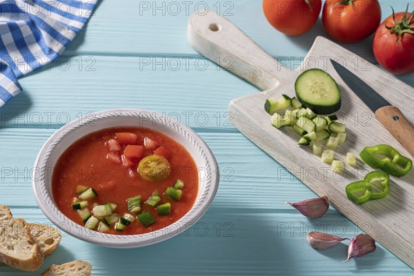 Gazpacho Andaluz is an Andalusian tomato cold soup from Spain with cucumber, garlic, pepper on