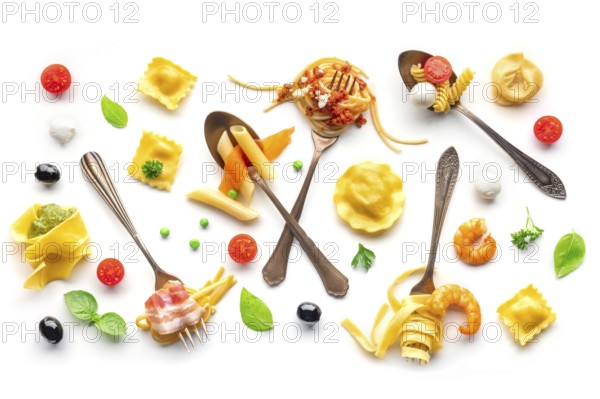 Various pasta forks. Spaghetti, fusilli, penne and other shapes of pasta, with sauce, overhead flat