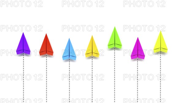 Paper planes competition colors on white background 3D illustration