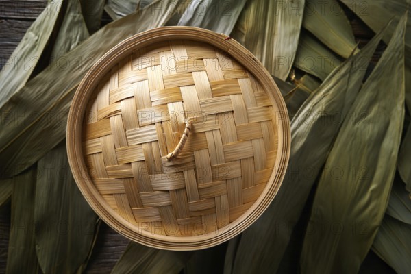 Asian kitchen bamboo steamer for steam cooking recipes on leafs
