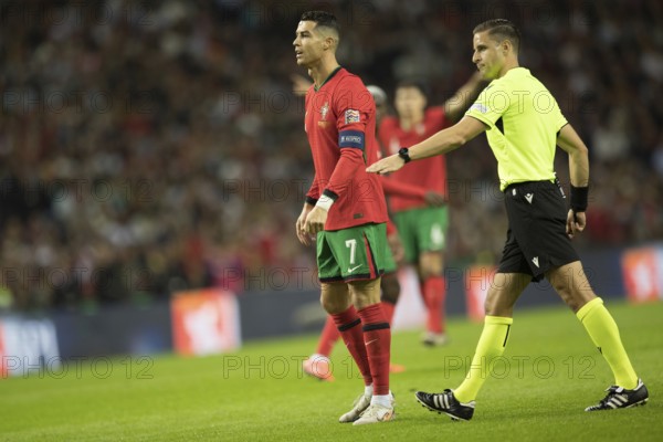 Football match, captain Cristiano RONALDO CR7 Portugal has just shot a free kick with his right