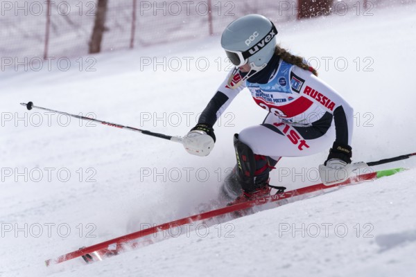 MOROZNAYA MOUNTAIN, KAMCHATKA PENINSULA, RUSSIA, MARCH 29, 2019: Russian Alpine Skiing Cup,