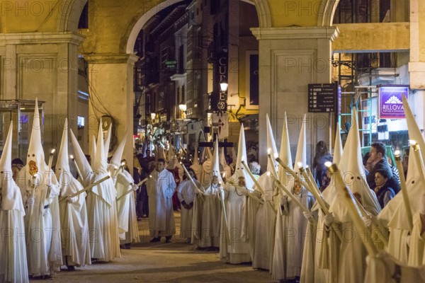 Hooded brothers, Holy Week in the Plaza Major, Holy Thursday procession, Palma, Mallorca, Balearic