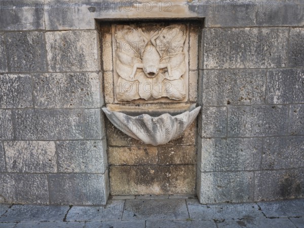 Stone relief, frog, fountain in the old town centre of Korcula, island of Korcula, Dalmatia,