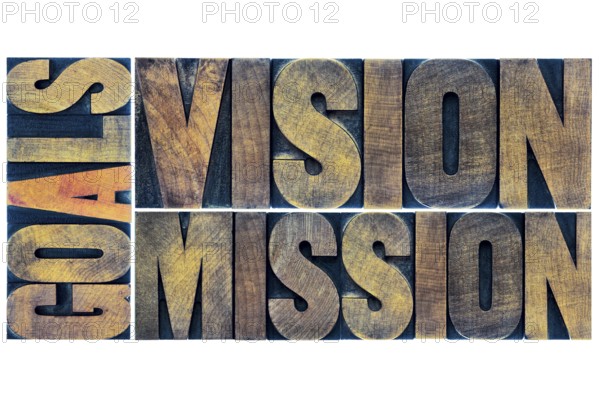 Goals, vision and mission typography abstract - a collage of isolated words in letterpress wood