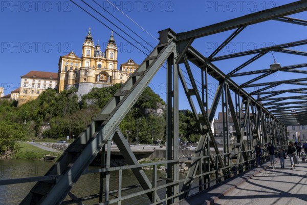 Steel truss lift bridge over the Melk arm of the Danube, behind the collegiate church, Melk,
